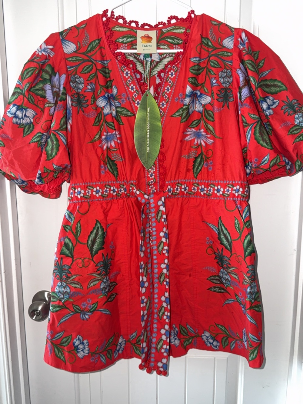 FARM Rio Red Floral Puff-Sleeve Mini Tunic Dress